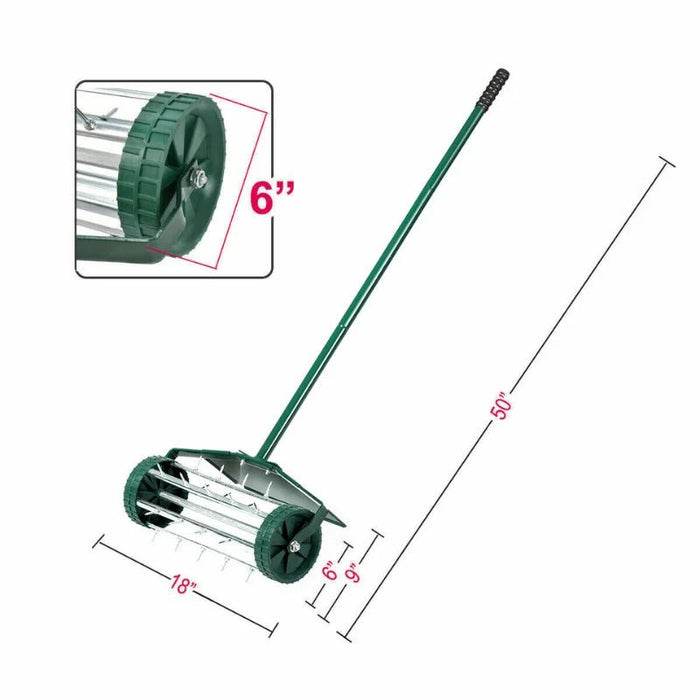 18″ Spike Roller Lawn Aerator - Portable Rolling Grass Steel Spike Roller Adjustable Handle - Gear Elevation