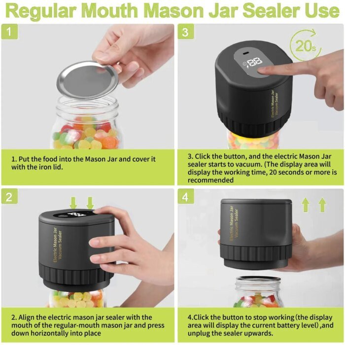 Electric Mason Jar Vacuum Sealer - Cordless Sealer Kit for Wide-Mouth and Regular-Mouth for Food Storage - Gear Elevation