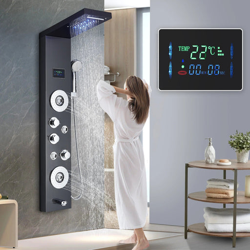 Shower Panel Tower Massage System - LED Waterfall Shower Water Top Spray Temperature Display Faucet - Gear Elevation