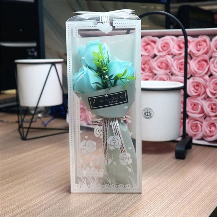 3 Heads Artificial Rose Bouquet - Hand Holding Soap Flower for Valentine's Day, Gift and Wedding Decoration - Gear Elevation