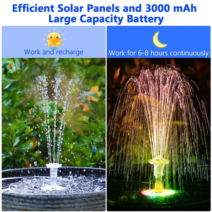 LED Solar Fountain, Solar Water Fountains with 3000mAh Battery 6 Nozzles, for Bird Bath, Garden and Outdoor - Gear Elevation