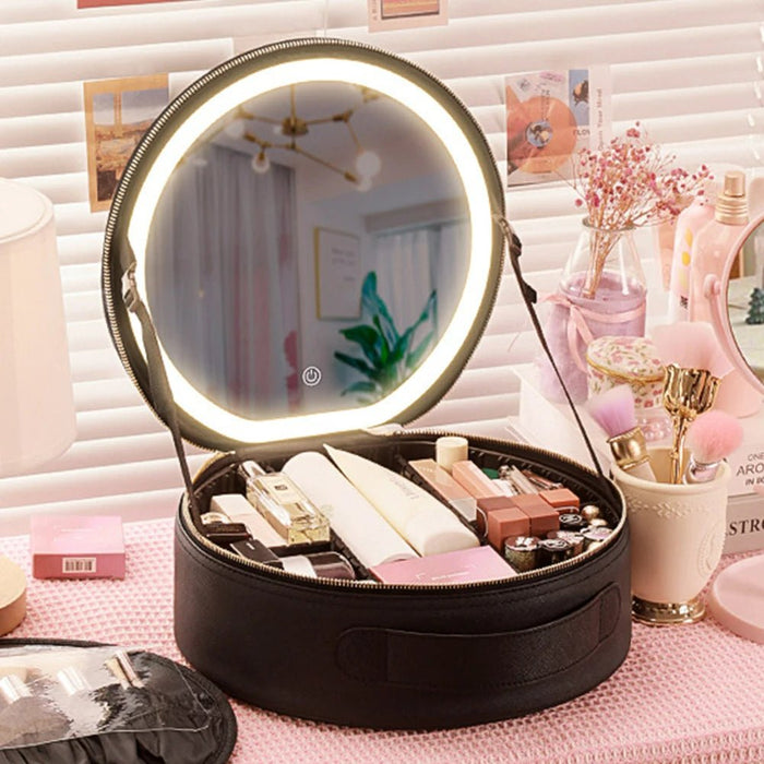 Round Smart LED Makeup Bag With Mirror Lights - Women Beauty Bag Large Capacity PU Leather Travel Organizers Cosmetic Case - Gear Elevation
